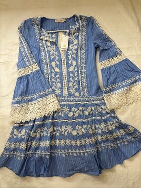 Tory Burch Light Blue Embroidered Dress with Cream Lace Trim